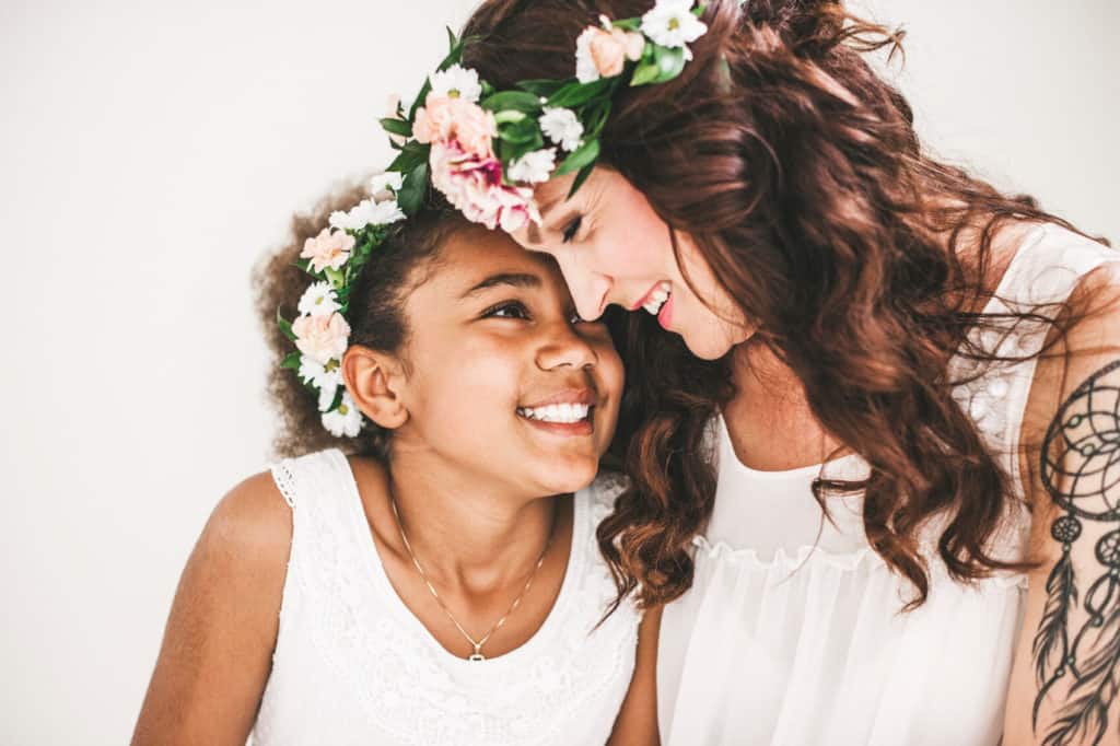 Mother and Daughter wearing flowers