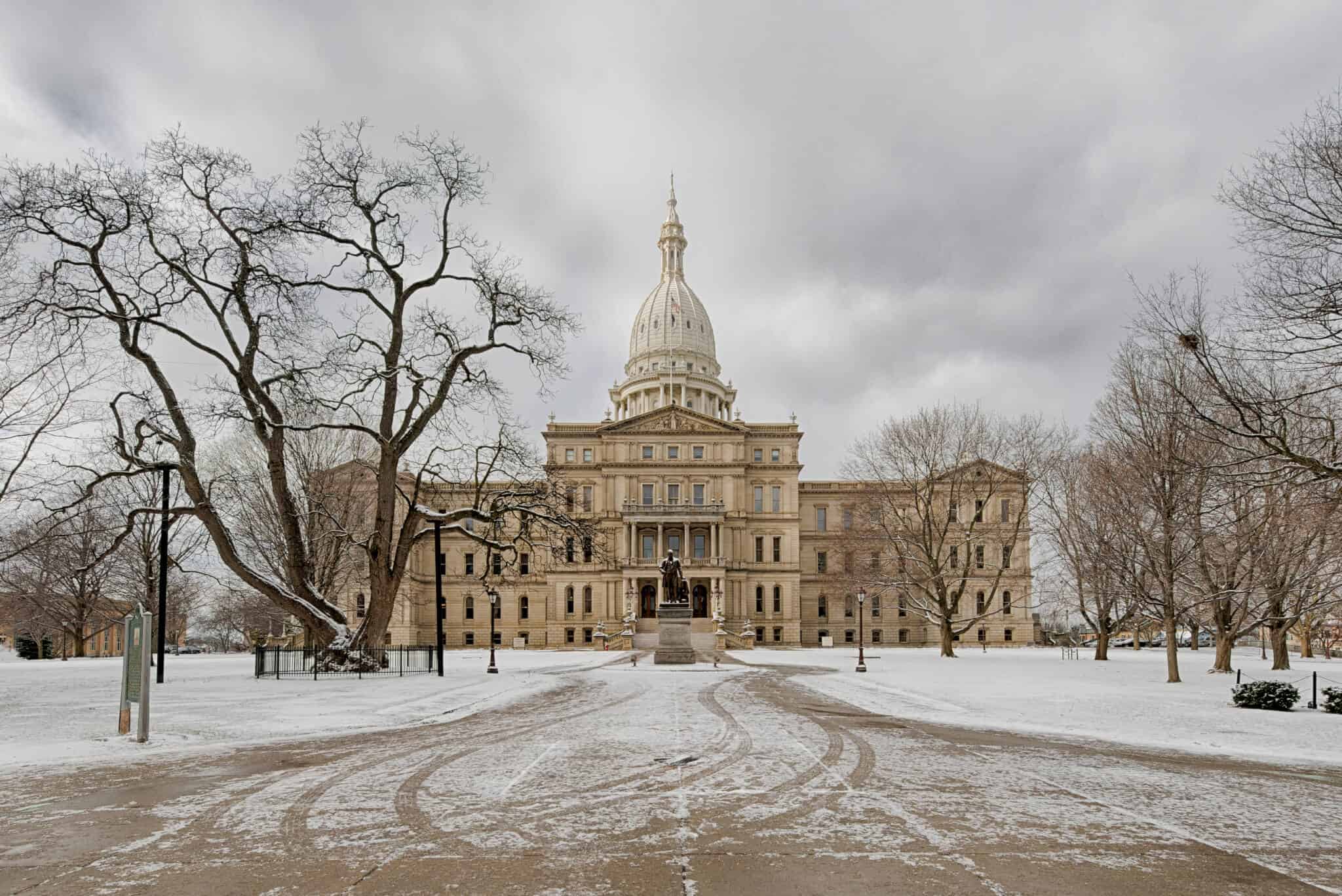 Exterior of the Michigan State Capitol building in Winter at 115 W Allegan Street in Lansing, Michigan on January 14, 2013. This photograph consists of three exposures blended together using HDR Efex Pro2 software to create a high dynamic range (HDR) image.