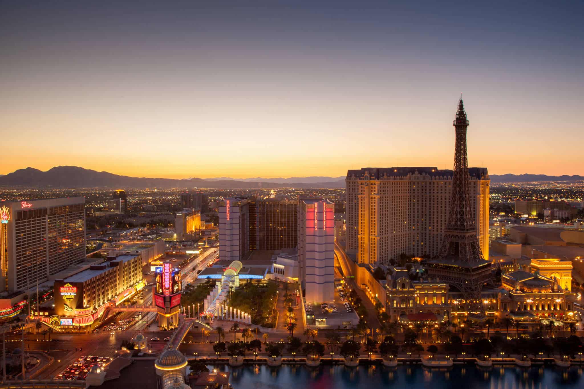 Aerial view over Las Vegas close to sunset at twilight. Las Vegas, Nevada