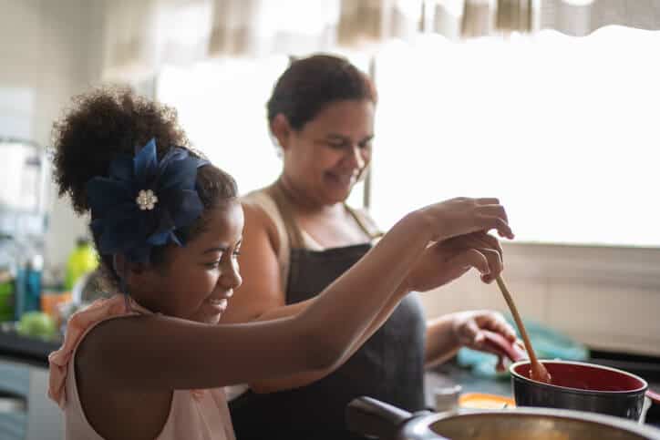 Cute girl Cooking with her mother